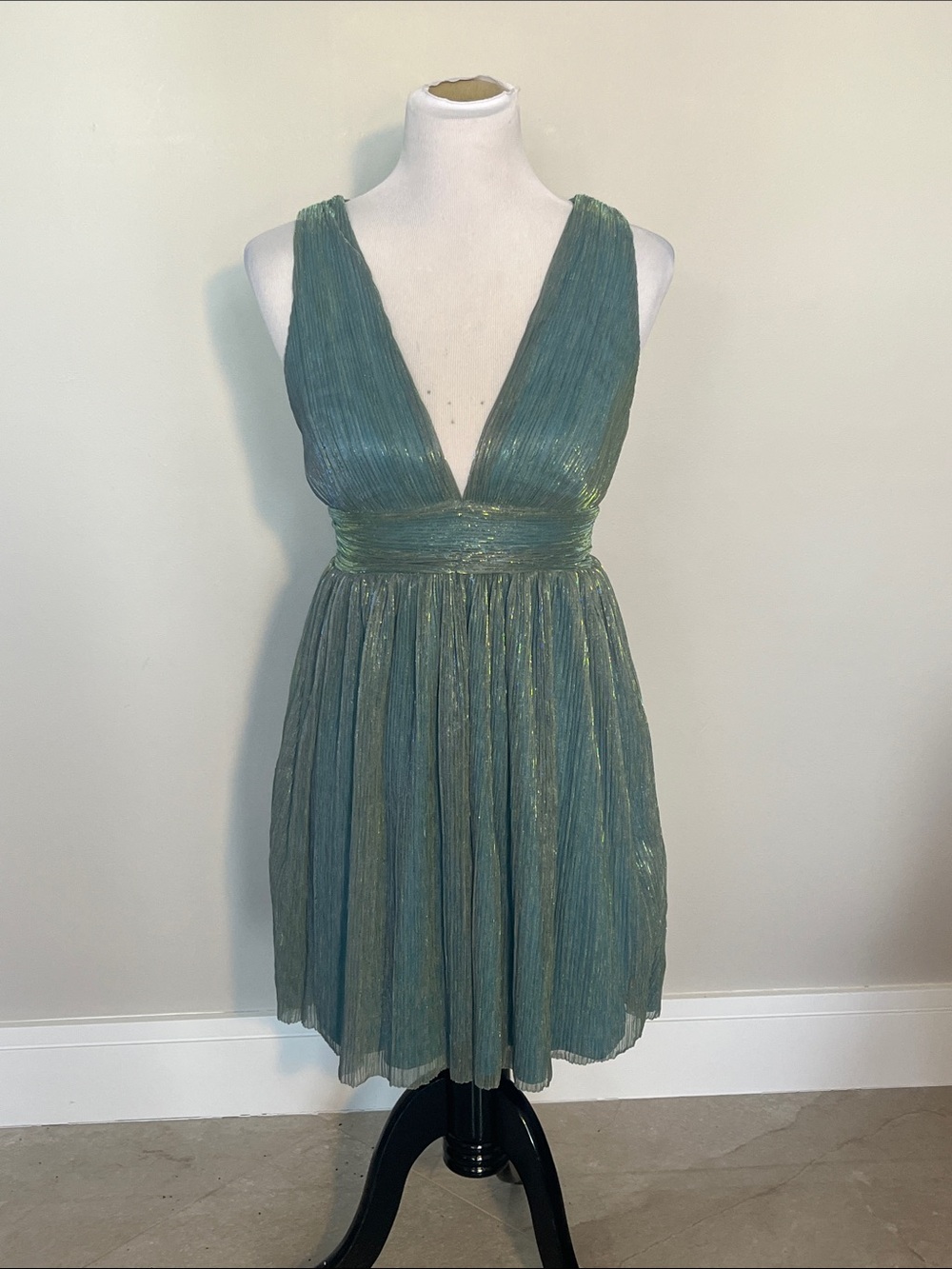Plunging Metallic Green Mini Dress